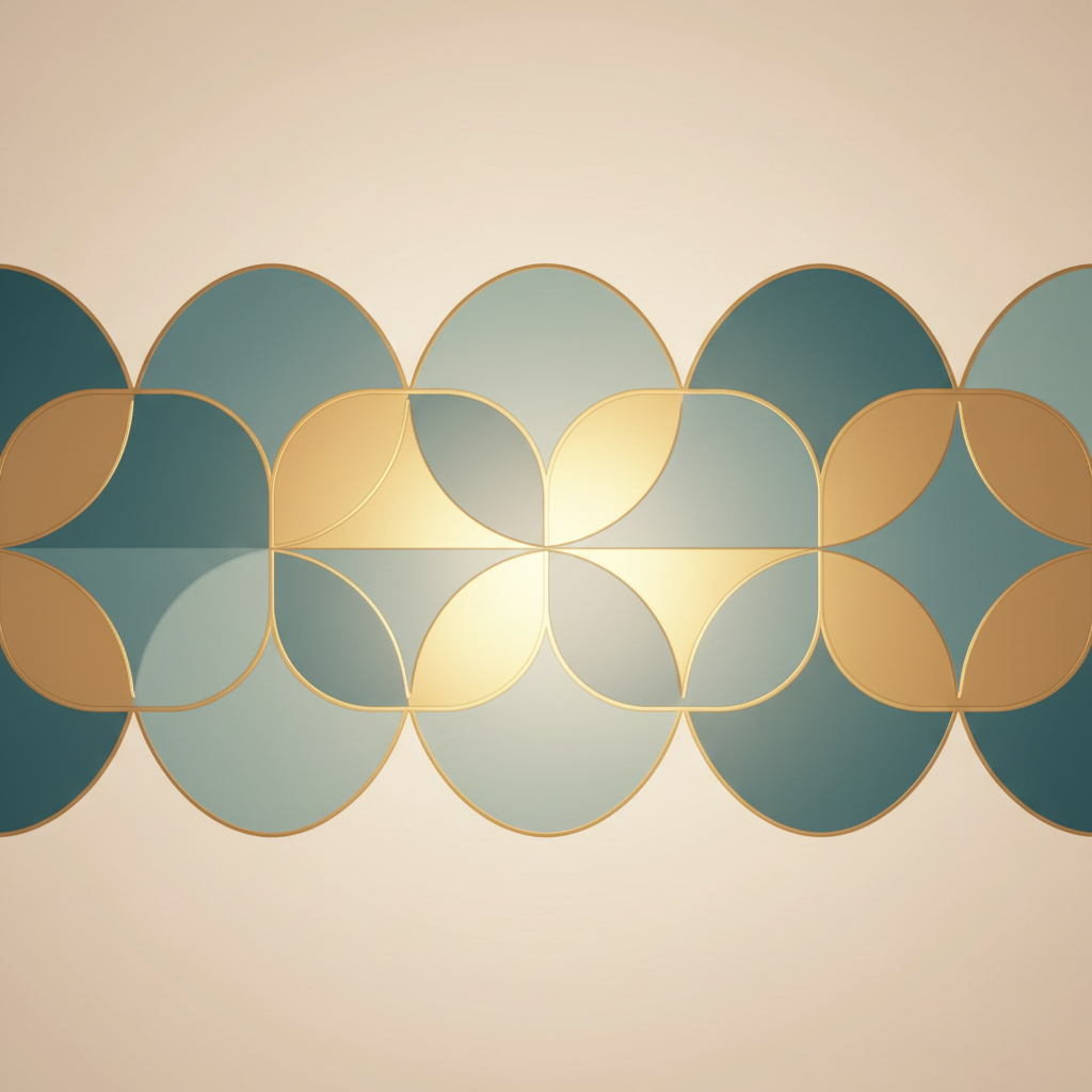 Minimalist abstract composition featuring warm lighting, soft interlocking geometric shapes in teal and gold, representing connection and harmony, high quality, 8k render