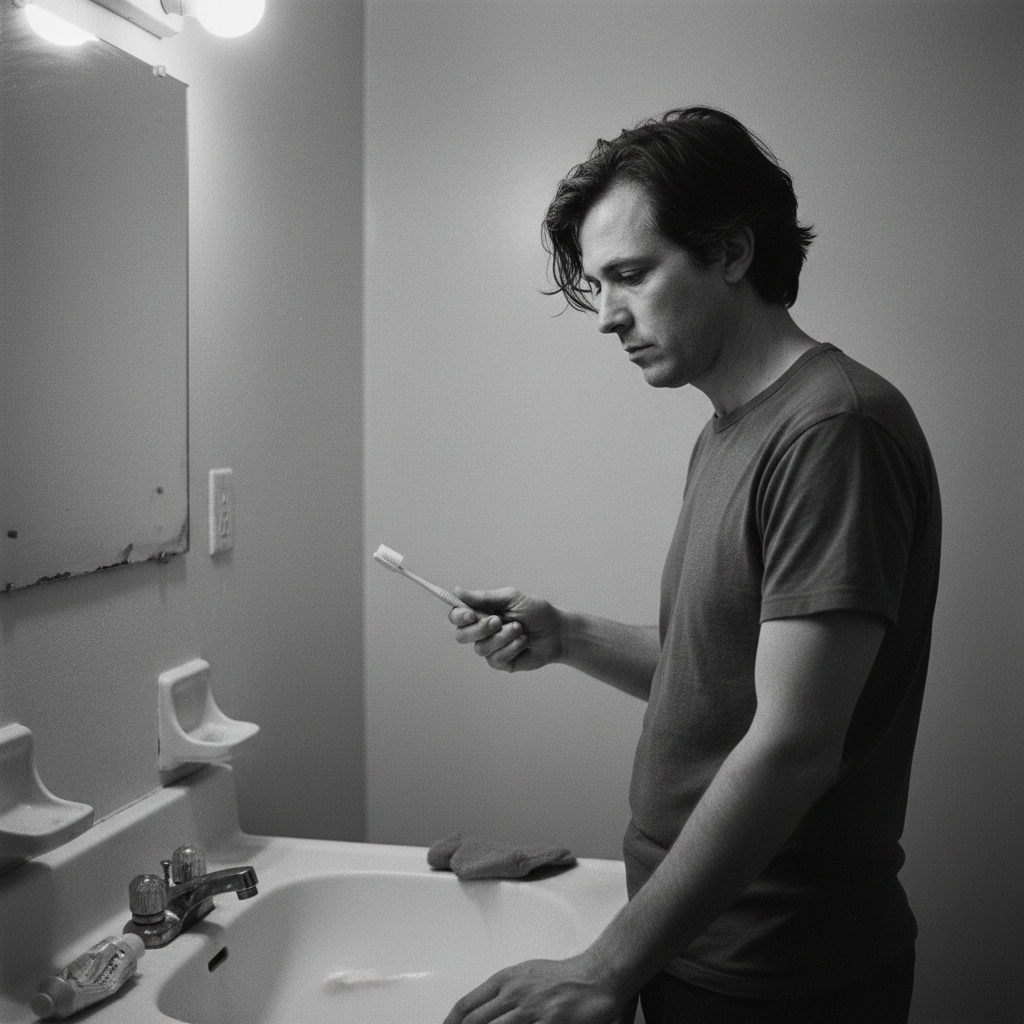 A minimalist monochrome photo of a tired person staring at a toothbrush in a bathroom, dull lighting, conveying boredom and routine, high quality cinematic style