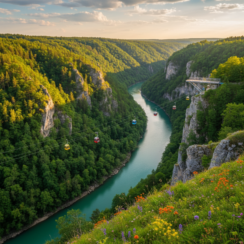 A scenic landscape of a gorge with a bungee jumping platform in the distance, cable cars crossing the river, vibrant nature.