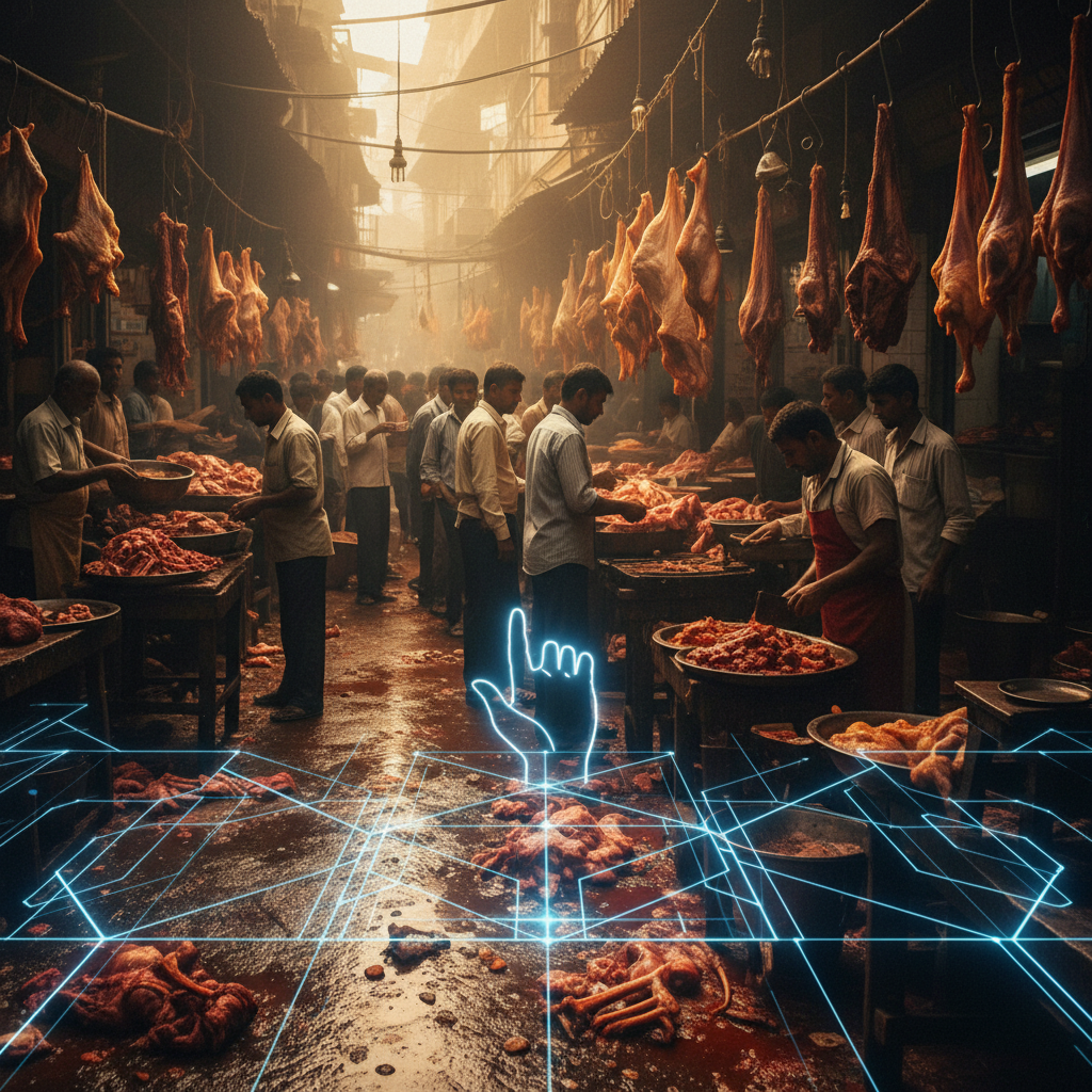 busy chaotic traditional indian meat market scene, slightly gritty, crowded, low hygiene, cinematic lighting contrasting with a clean modern aesthetic overlay