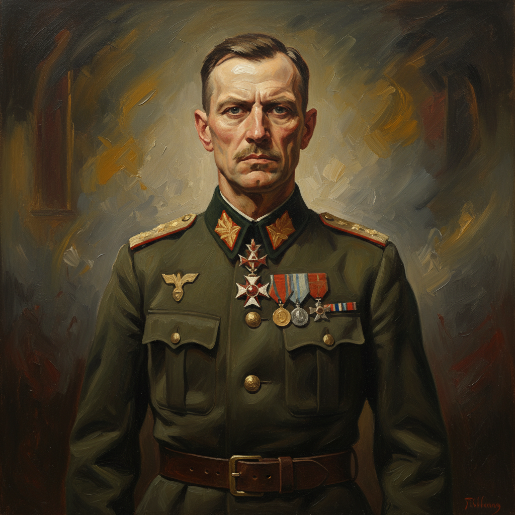 Historical oil painting style portrait of a 1940s dictator uniform without specific forbidden symbols, shadowy and serious