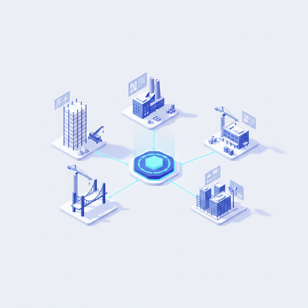 Isometric illustration of a central digital hub connecting multiple construction sites, clean white and blue 3d render, corporate minimalist