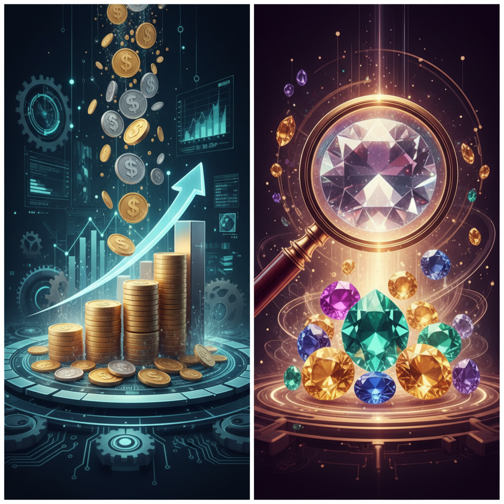 split view concept art, left side showing coins and charts representing cost efficiency, right side showing a gem magnifying glass verifying quality, professional style