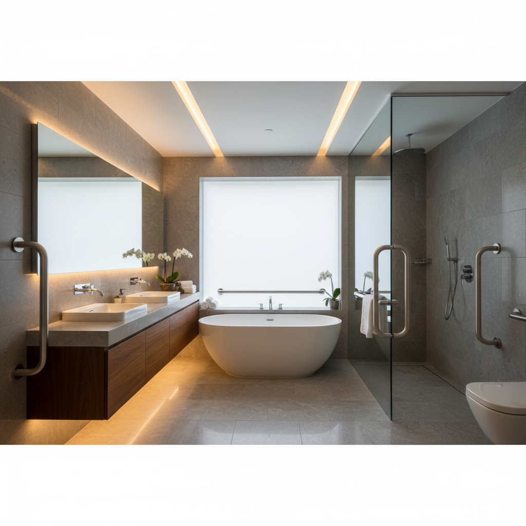 A modern, high-end bathroom interior with warm lighting, featuring unexpected, sleek brushed aluminum safety fixtures that look like designer towel racks, photorealistic, 8k resolution, architectural photography style