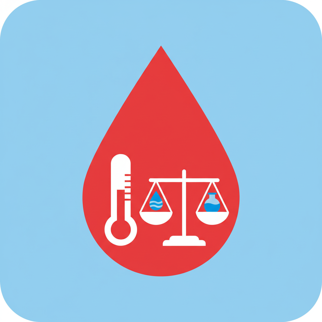 minimalist flat vector icon of a thermometer and water balance scale inside a blood drop, educational style