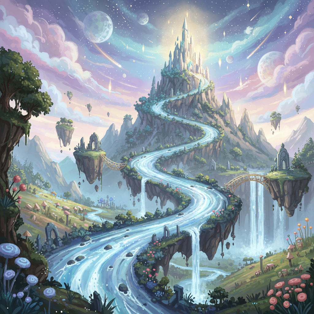 A magical river flowing upwards towards a mountain in a fantasy landscape, digital painting, storybook style, dreamlike atmosphere