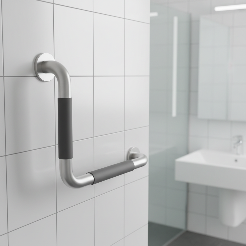 3D render of the DÉDÉ Smart Support Bar, L-shaped, brushed aluminum finish with a subtle soft-touch grip area, mounted on a tiled bathroom wall, studio lighting.