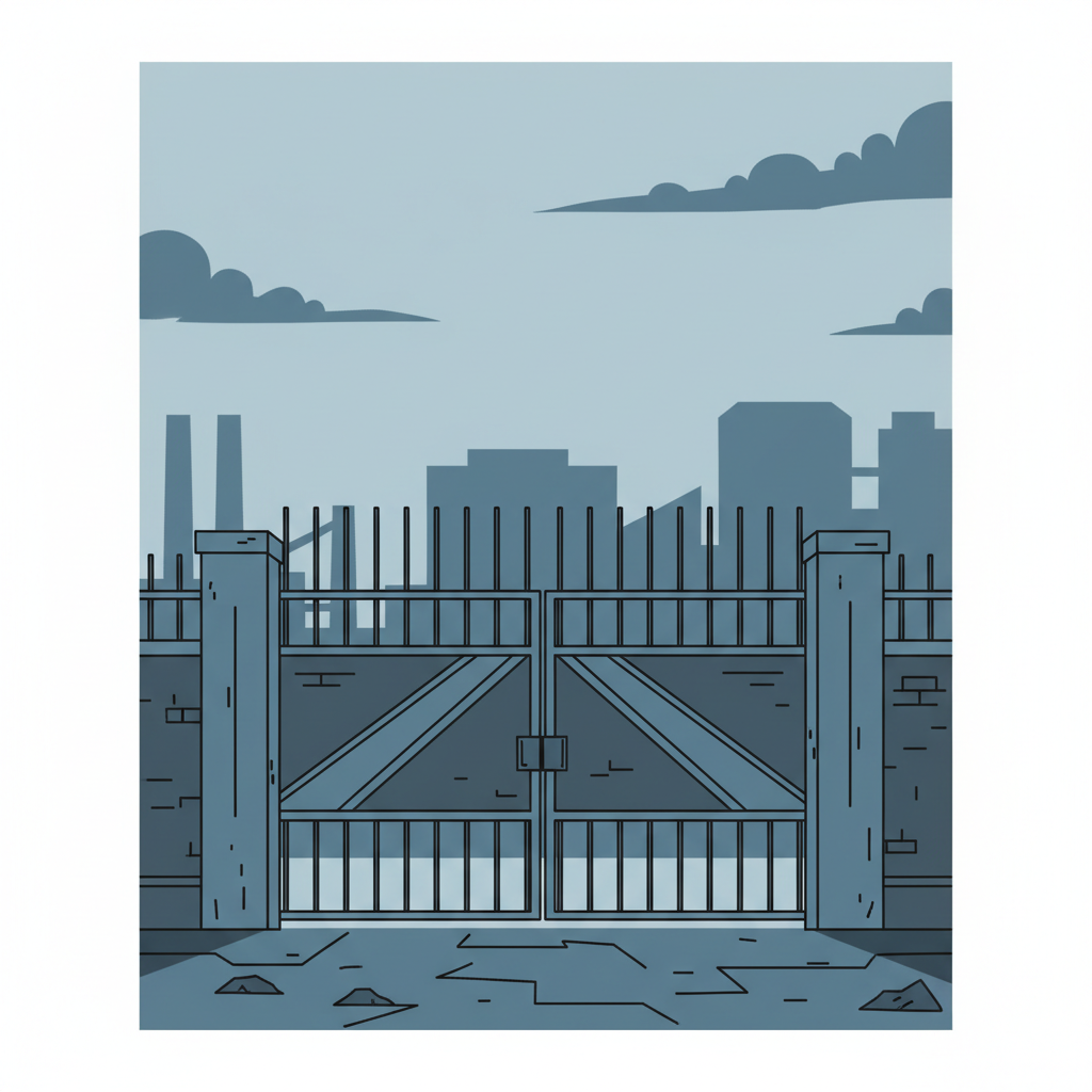 Conceptual illustration of a closed factory gate with a 'closed' sign, gloomy atmosphere, minimalist vector style in blue and grey tones