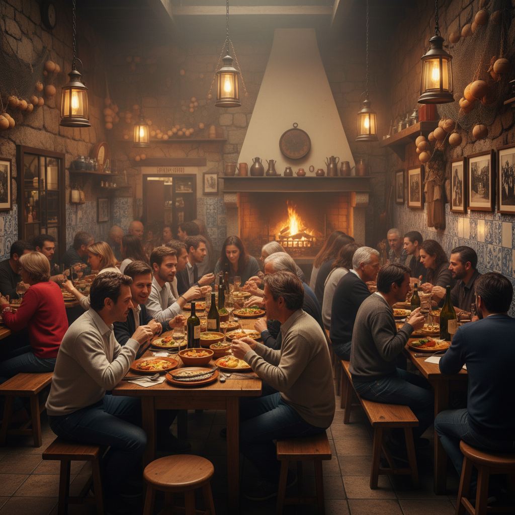 cozy crowded portuguese tavern interior warm light people eating
