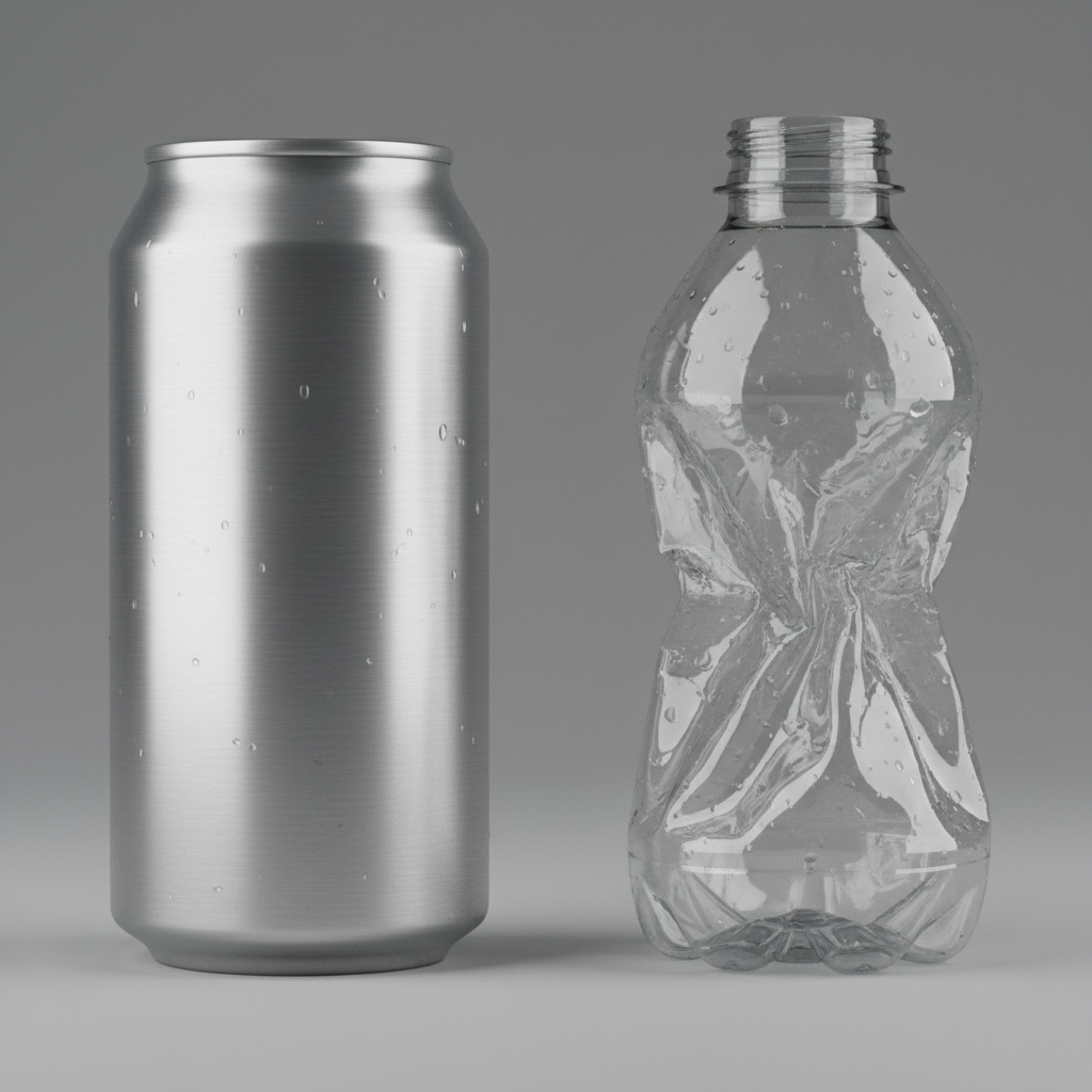 Close up photo comparing a sleek metallic aluminum can texture against a cheap transparent plastic bottle texture, studio lighting, high detail