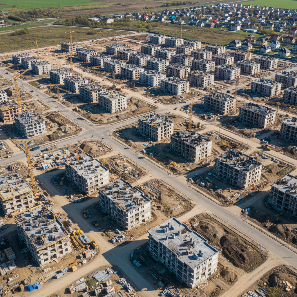 Aerial view of a rapidly developing residential district with cranes and unfinished buildings, bright daylight