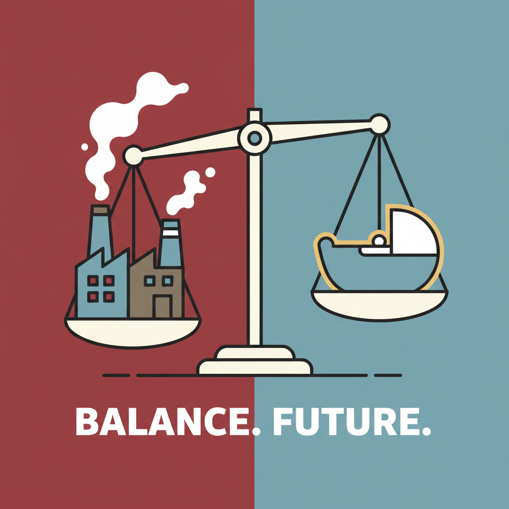 conceptual minimalist illustration, weighing scales with a factory on one side and a cradle on the other, political poster style