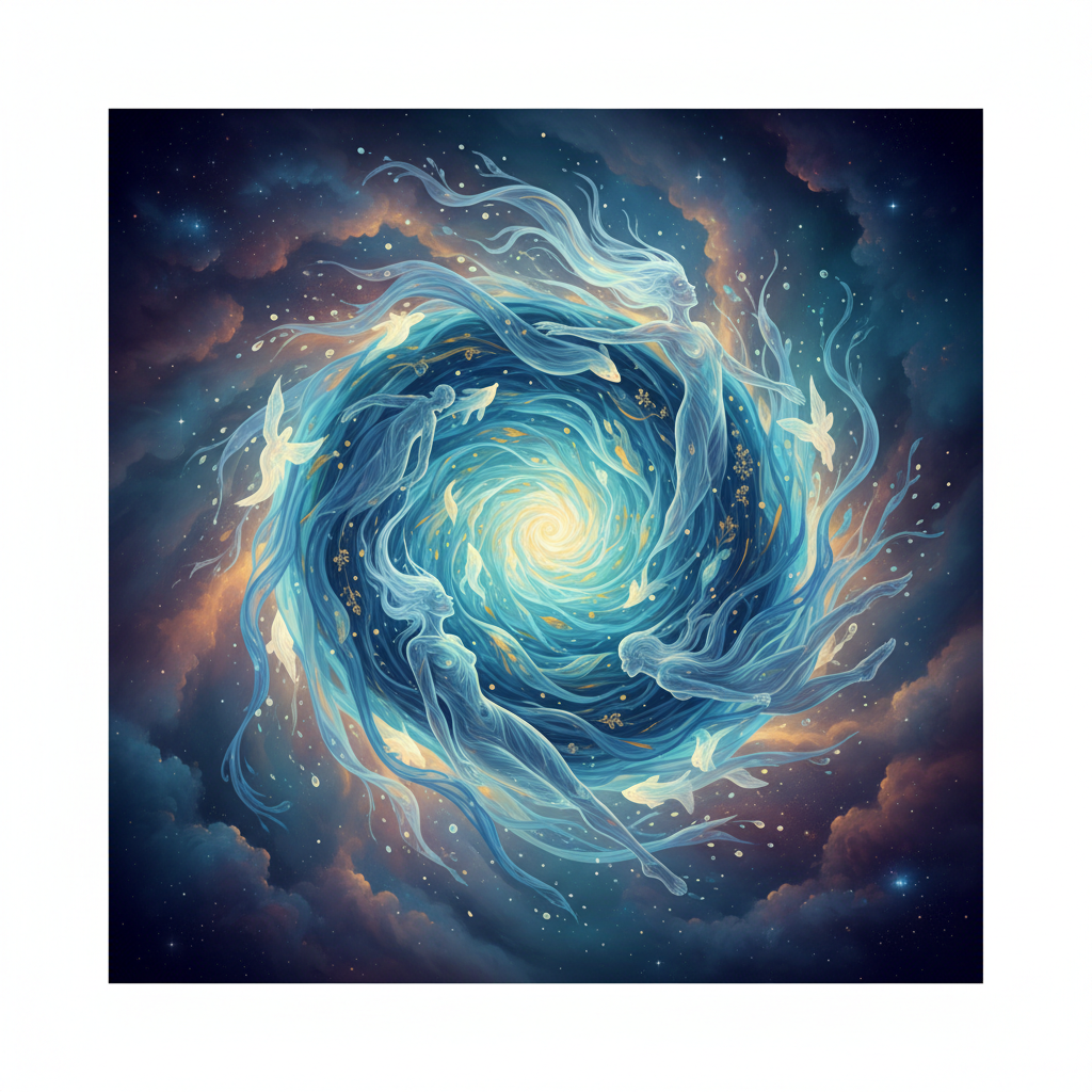 Abstract artistic representation of a river turning into a living spirit, swirling water shapes, ethereal style