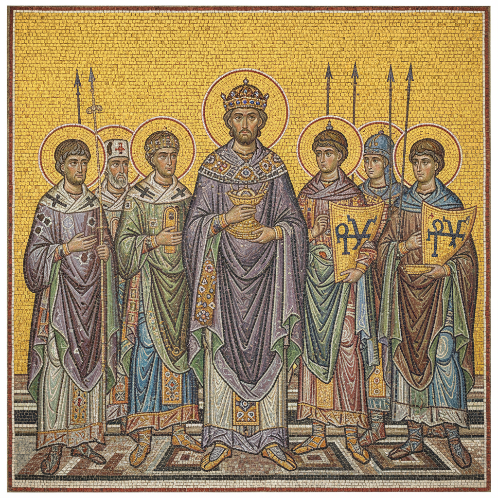Recreation of the famous mosaic of Emperor Justinian and his court in San Vitale, vivid tesserae, gold background, detailed faces, historical art style
