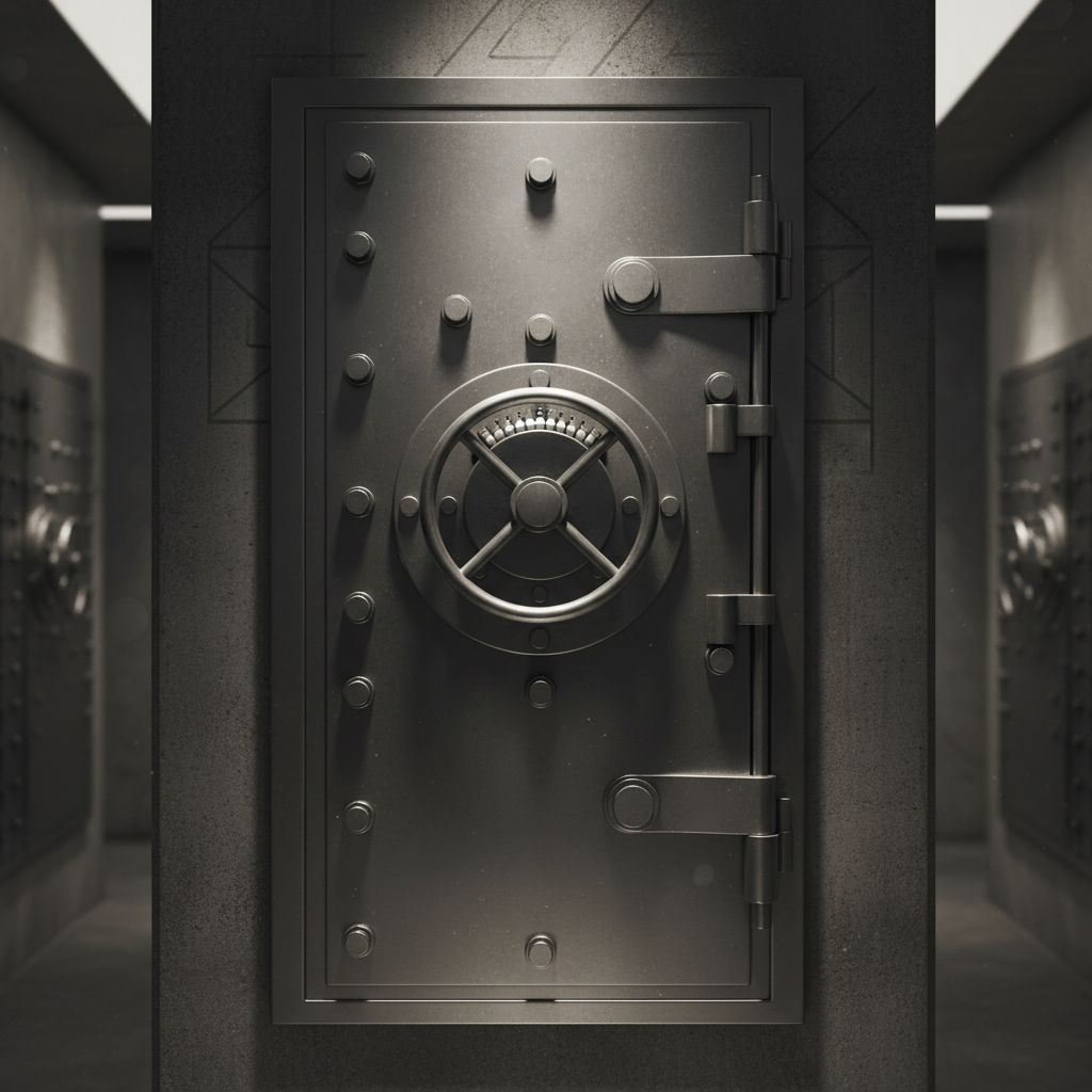 Real photograph of a heavy steel safe deposit box door, secure metal texture, cinematic lighting, photorealistic, 8k
