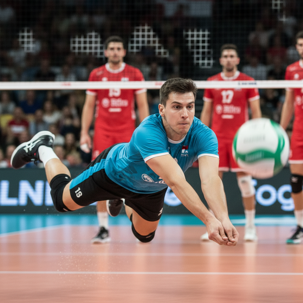 Volleyball libero player in different colored jersey diving for a ball, close up action shot, depth of field, realistic sports photography