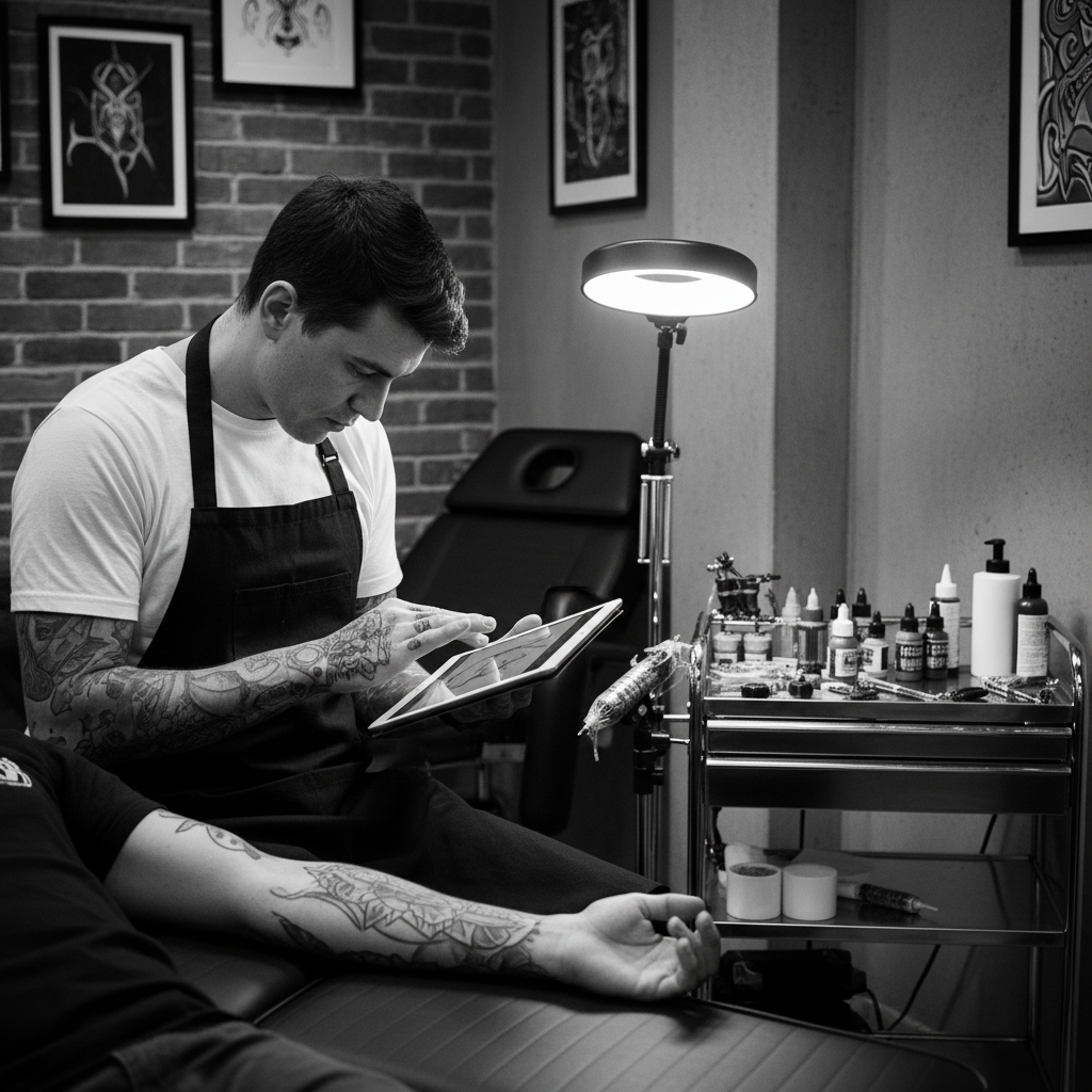 Tattoo artist holding an iPad and examining a client's arm, professional studio environment, black and white photography