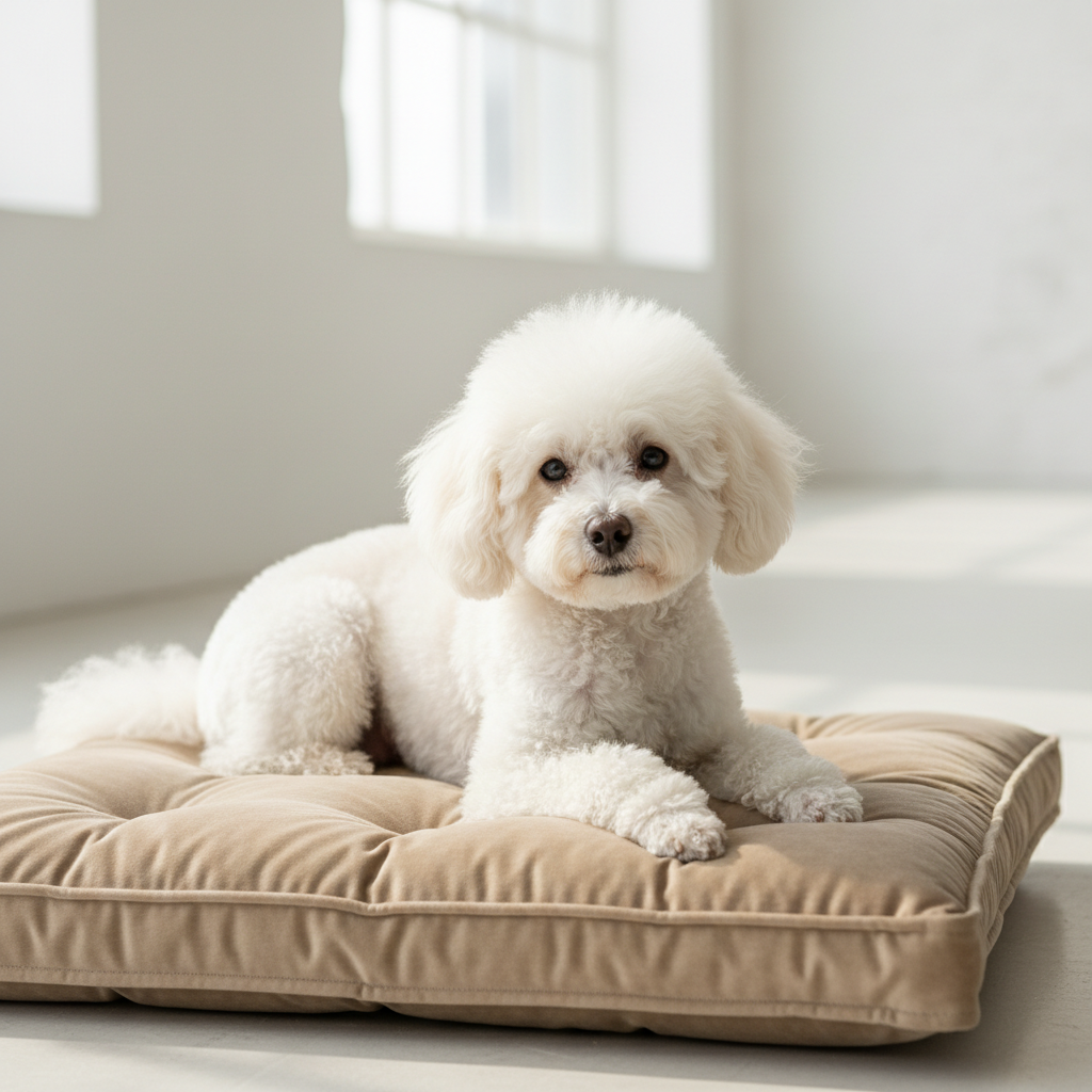 Portrait of a pampered white poodle with a soft fluffy coat, resting on a beige velvet cushion, bright airy studio, soft natural light