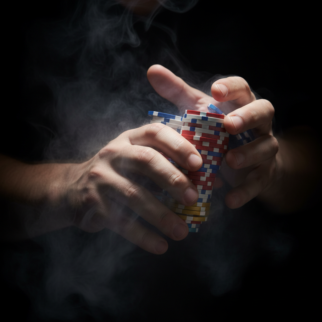 close up of a nervous poker player's hand holding chips, cinematic dark moody lighting, black background, high tension, smoke atmosphere, photorealistic
