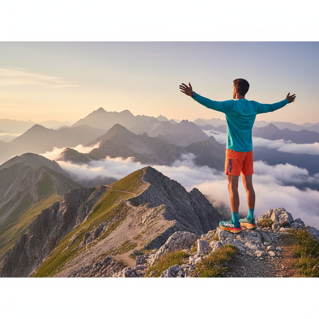 Inspirational shot of a trail runner on a mountain peak looking at horizon, Hoka aesthetic