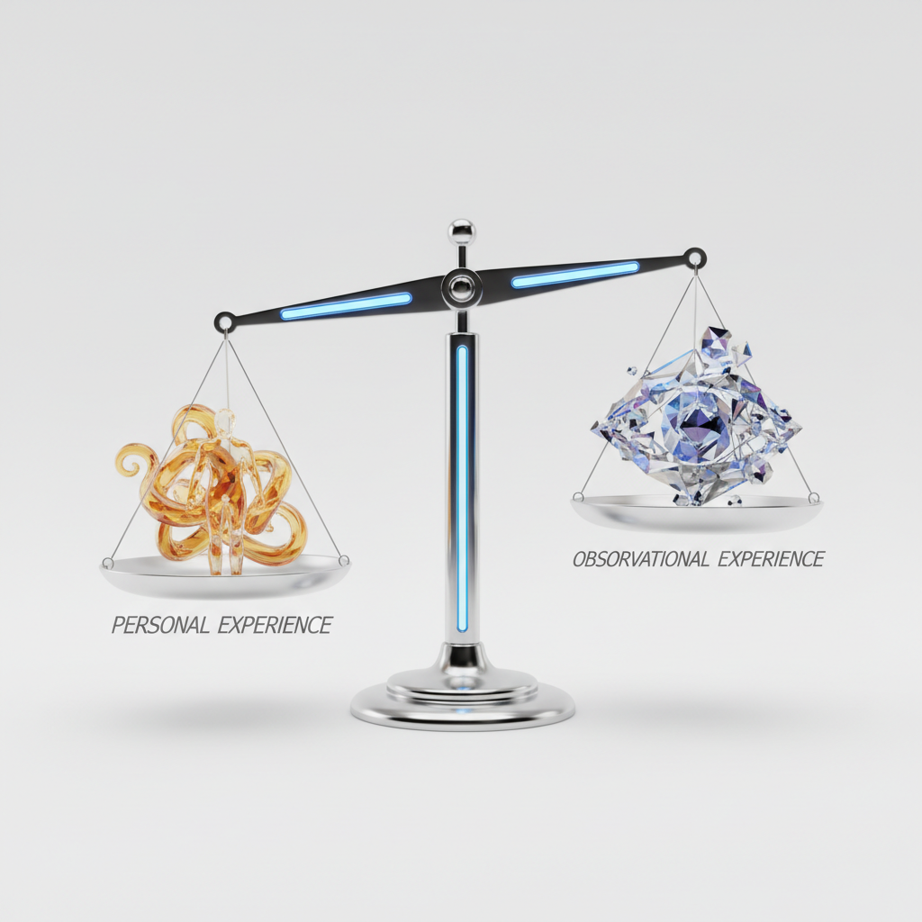 scientific balance scale weighing personal vs observational experience, abstract 3d render, white background