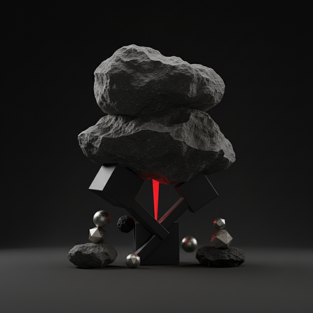 abstract minimalism, heavy load, tension, balance of rocks or geometric shapes, dark background, 3d render