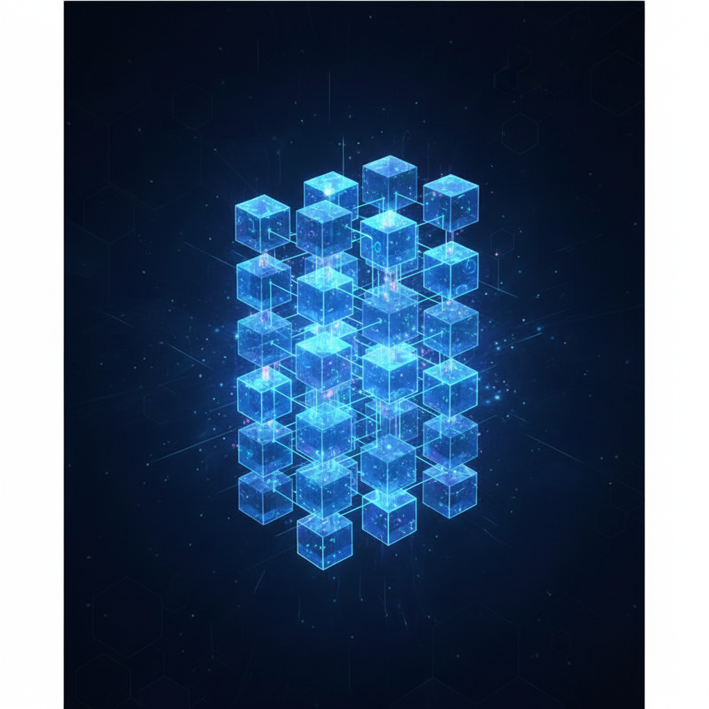 visualization of data array structure in memory, computer science concept, blocks of data, neon blue style