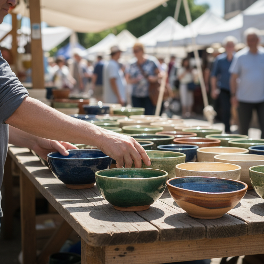Close up photo of an artisan arranging handmade ceramic bowls on a rustic wooden table at an outdoor market, natural lighting, depth of field