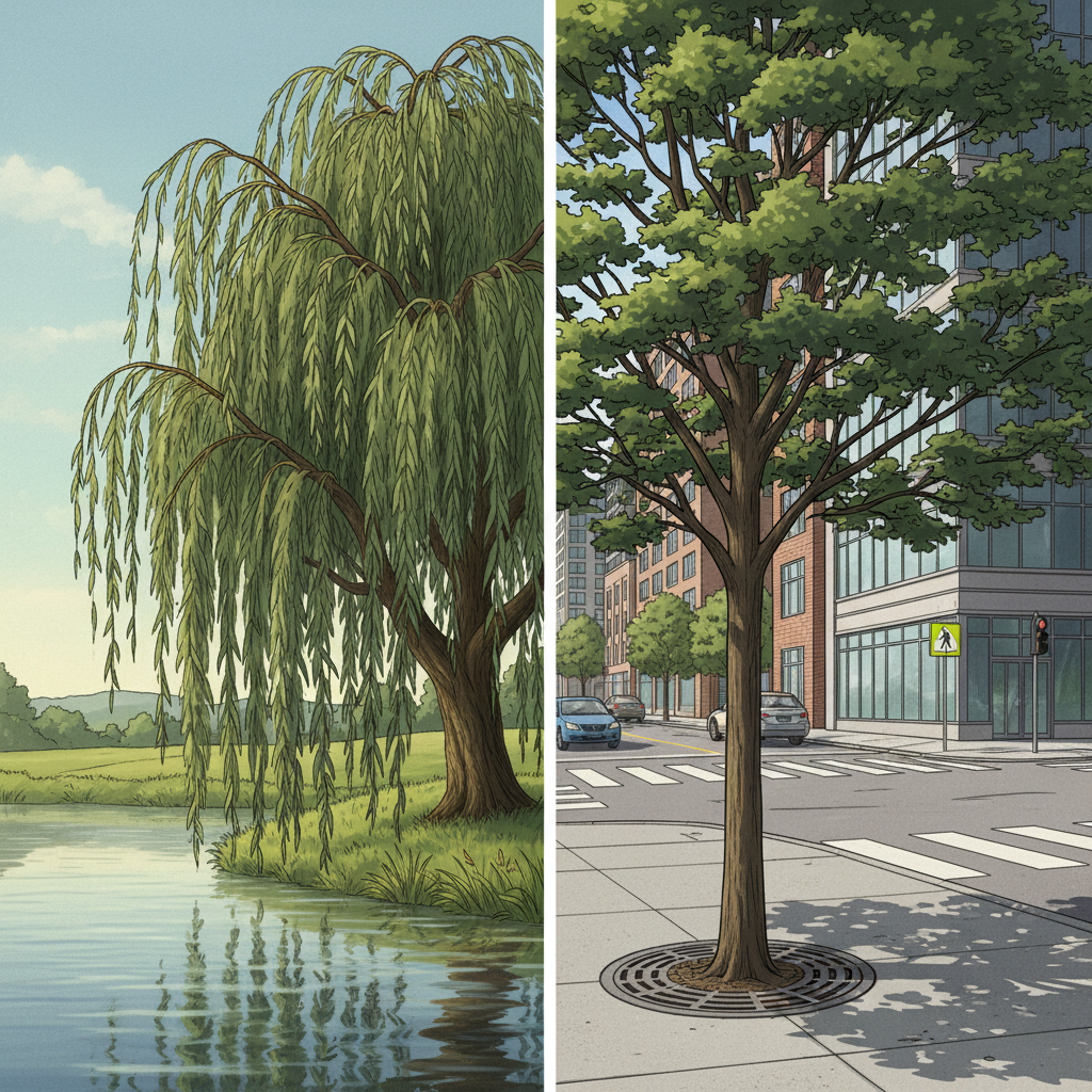 Split screen illustration: Left side willow tree near water, Right side sturdy street tree in paved urban environment, realistic style