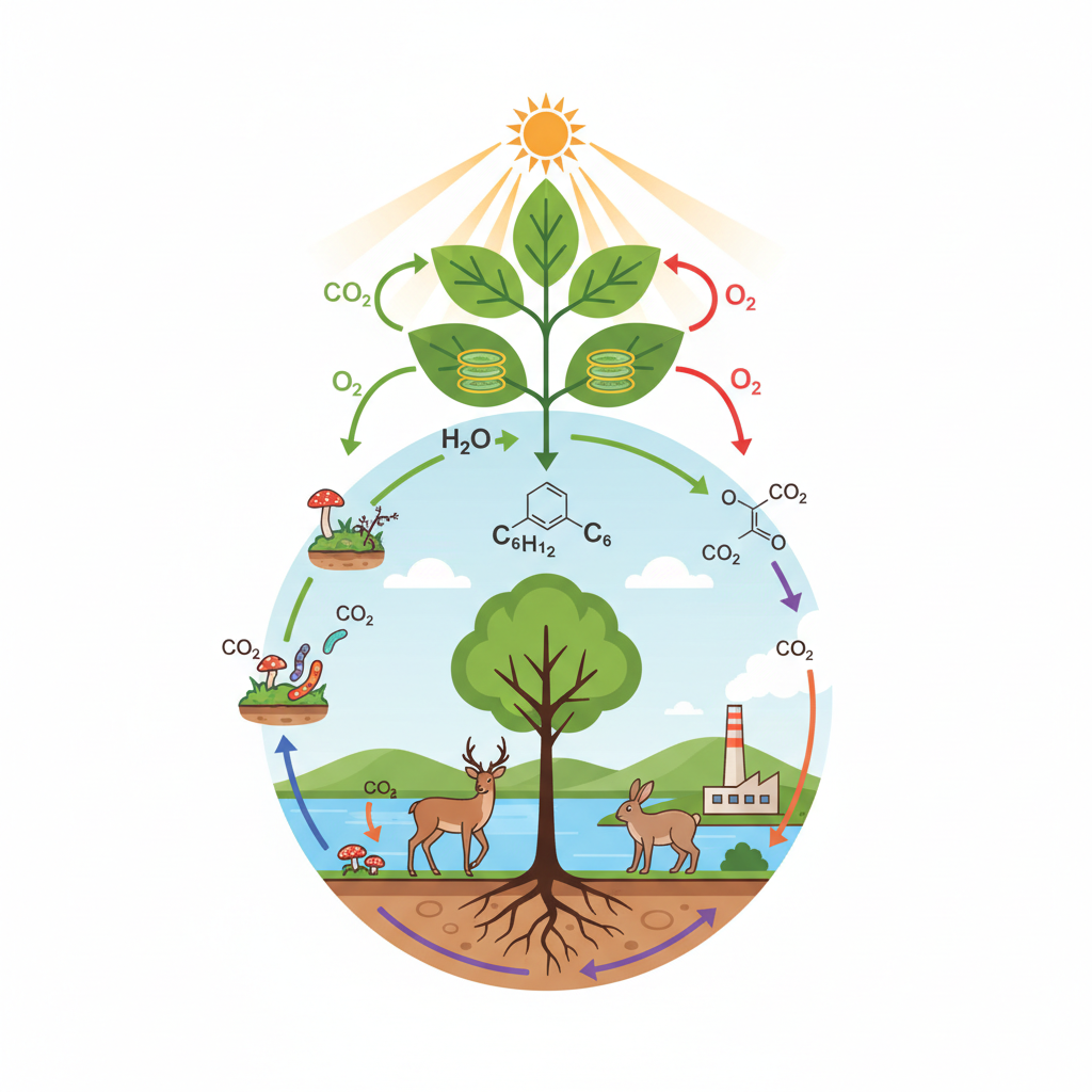 visual representation of photosynthesis and carbon cycle, clear scientific illustration style, nature and molecules combined