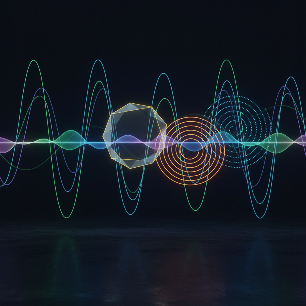 visualization of mathematical functions, sine waves and geometry, glowing lines on dark background, educational, 3d render