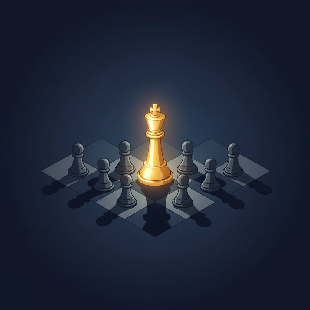 An abstract chess board illustration where one gold chess piece stands significantly taller and brighter than the other grey uniform pieces, representing strategic advantage, deep navy background