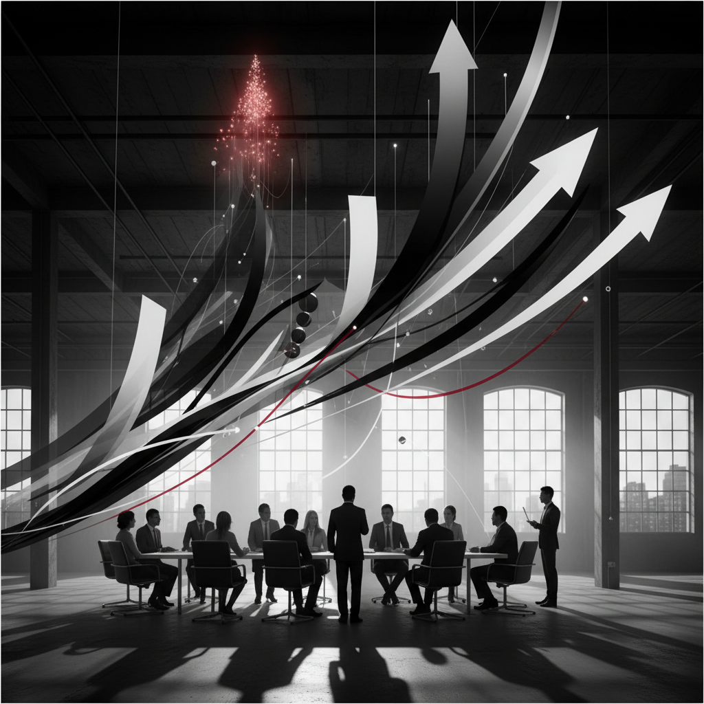 Abstract financial growth visualization, black and white photography of a business meeting in a creative studio, subtle red accents