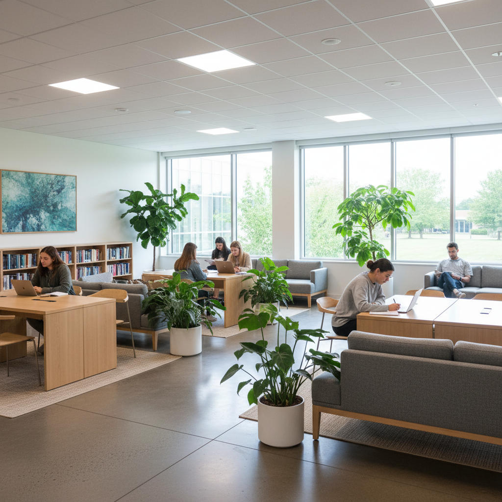 University study lounge, modern scandinavian furniture, plants, large windows, quiet atmosphere