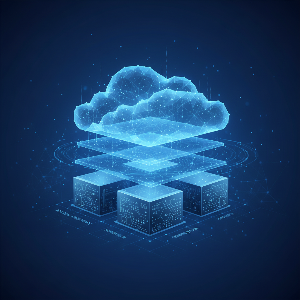 Abstract blue tech visualization of virtualization layers stacking on top of hardware server blocks