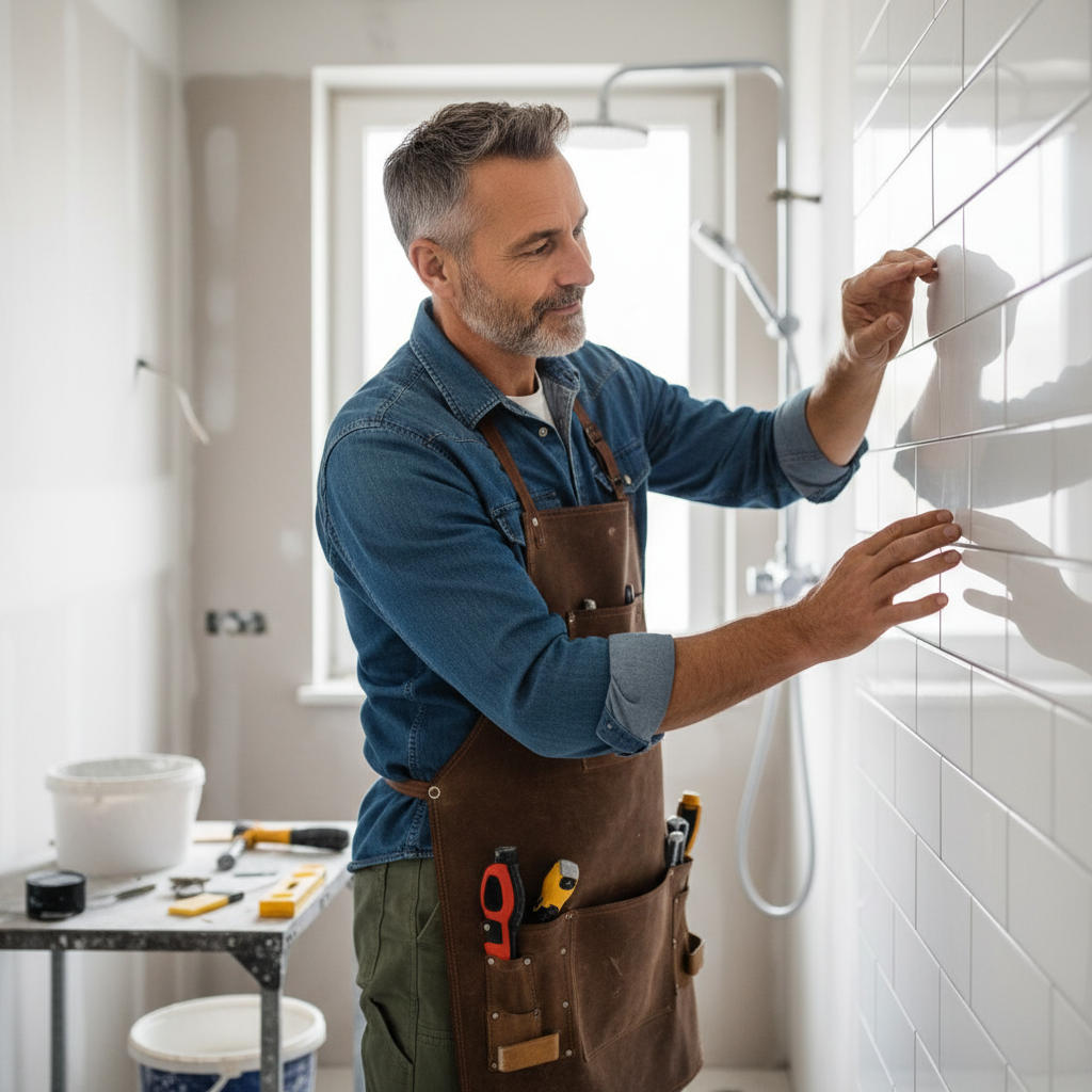 Portrait of a professional master craftsman in a bathroom renovation setting, wearing work clothes, inspecting a wall, trustworthy and experienced