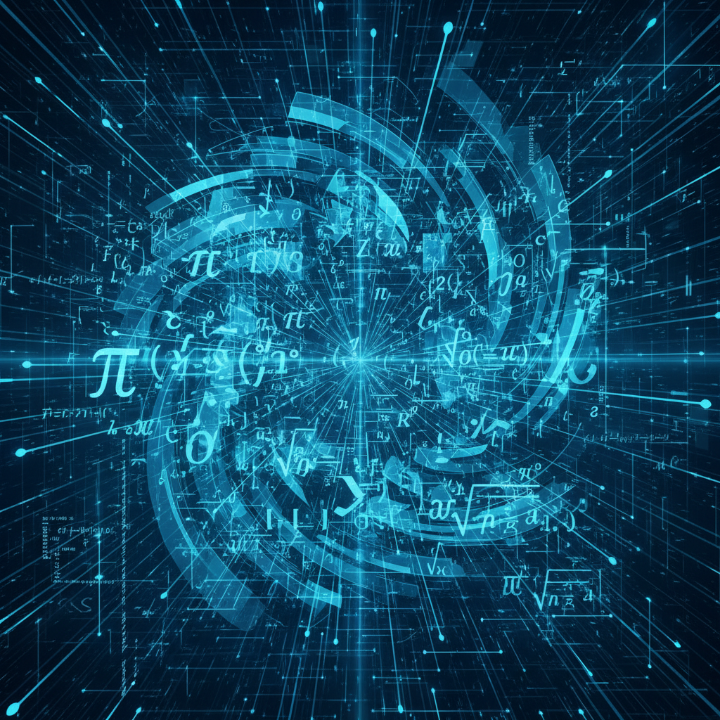 A digital illustration of mathematical symbols and C programming code floating in a structured abstract digital space, cyan and blue colors