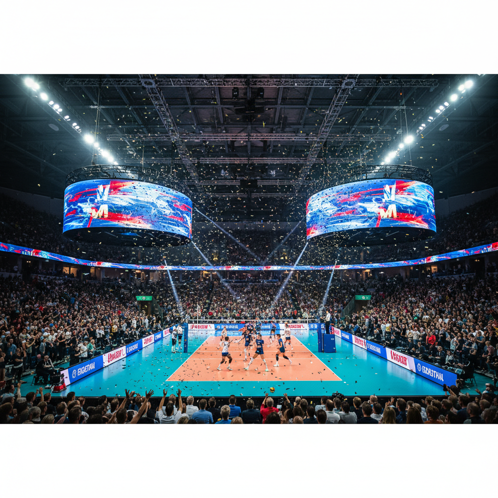 Wide angle view of a modern volleyball arena packed with crowd, bright LED screens showing score, dynamic atmosphere of a professional final match