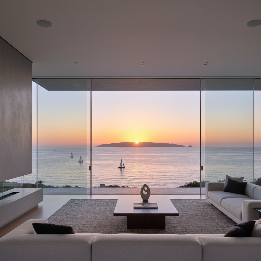 Cinematic, photorealistic view from a modern living room in Los Angeles looking out towards Catalina Island and Palos Verdes at sunset, wide angle, architectural photography style, minimalism