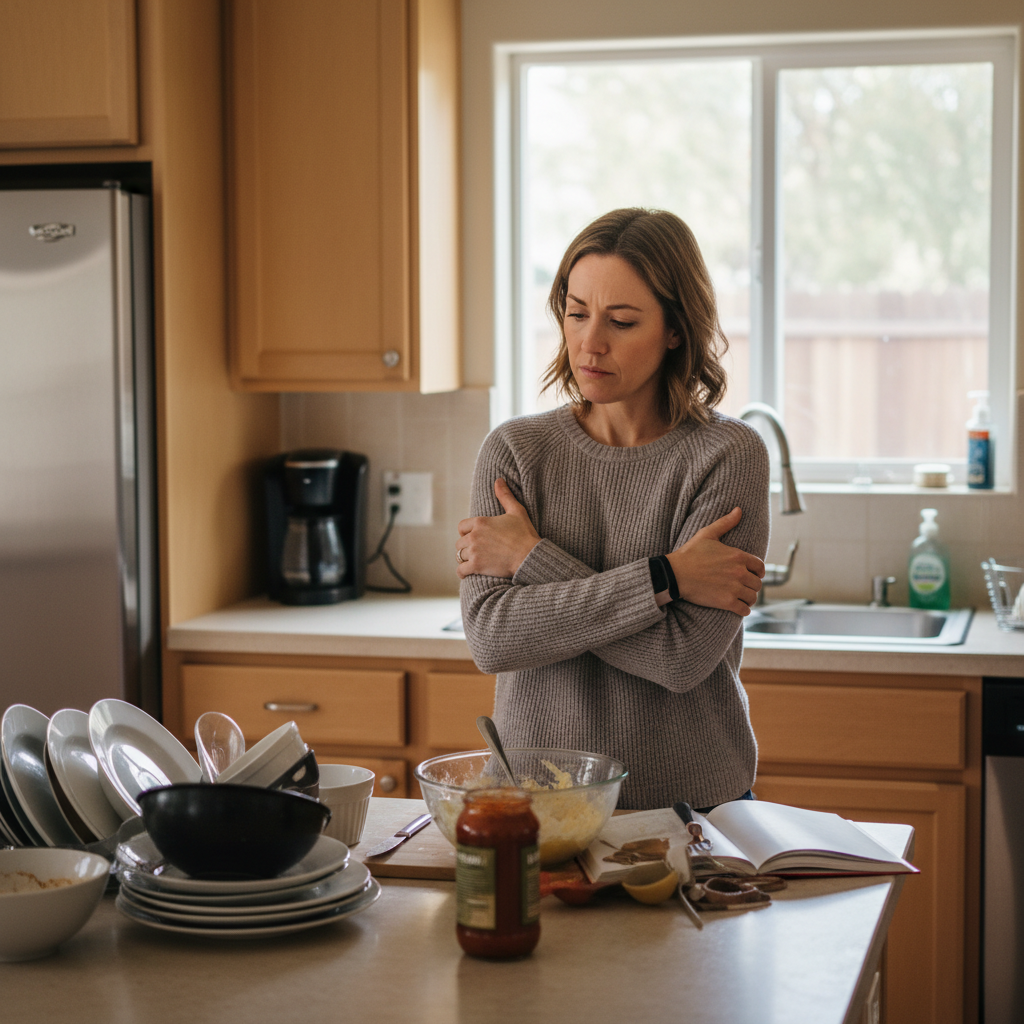 A woman in a home environment standing in a kitchen looking at a task she cannot perform due to arm pain, pensive and frustrated expression, realistic style.