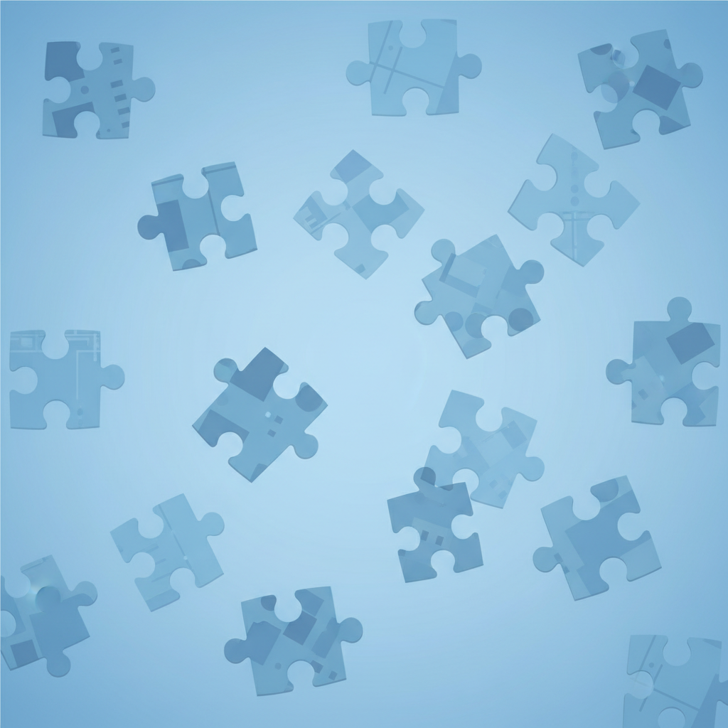 A clean illustration showing scattered puzzle pieces labeled with numbers and letters, representing unorganized raw data, minimal style, soft blue colors