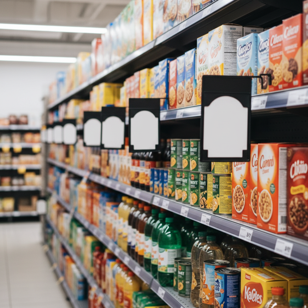 Supermarket shelves stocked heavily with competing products, focus on price tags and sale signs, depth of field, retail competition concept