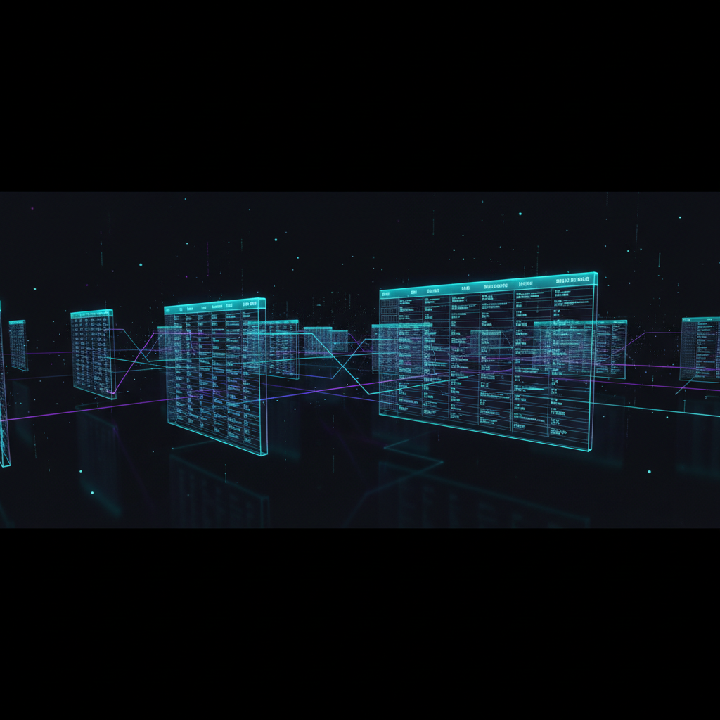 Futuristic visualization of database tables floating in a digital void, rows connecting with beams of light to represent keys joining, cyan and purple color palette