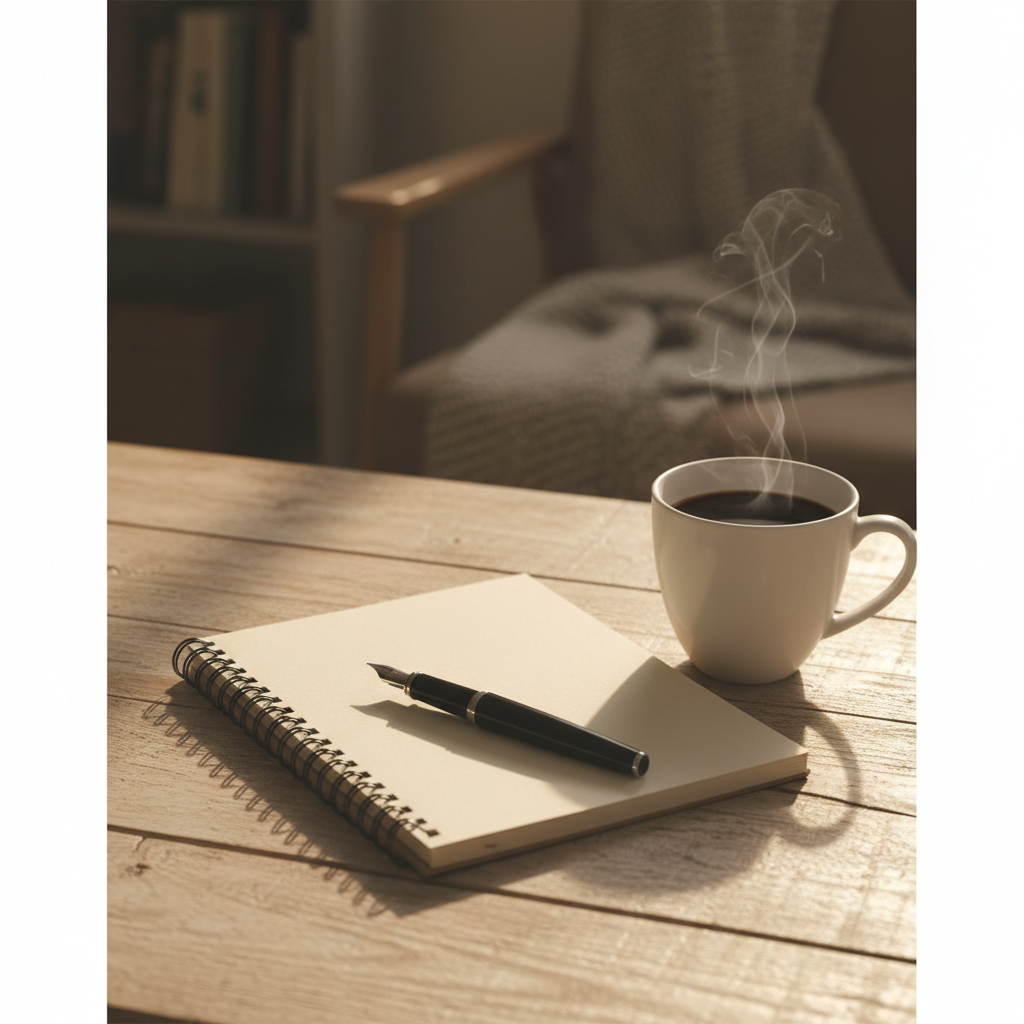 Still life photography of a notebook, a pen, and a cup of coffee on a wooden table, warm light, inviting atmosphere for thinking