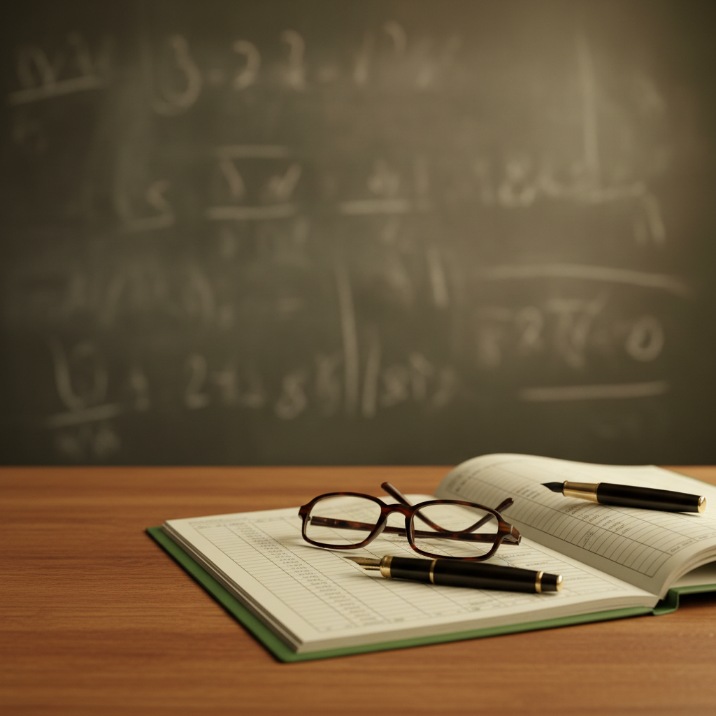 Close up of a wooden desk with a gradebook, glasses, and a pen, soft focus background of a blackboard, academic atmosphere