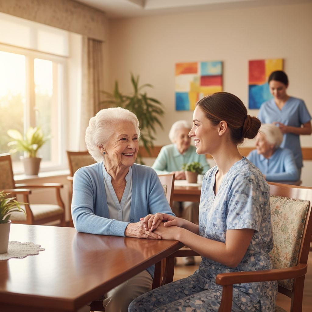 elderly resident interacting with caregiver in a friendly manner, warm lighting, nursing home setting