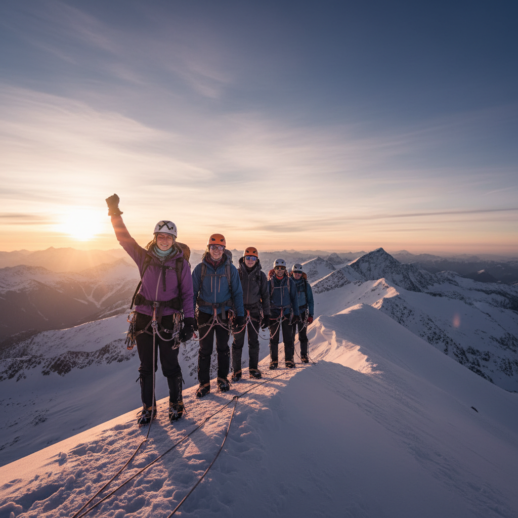 Cinematic shot of a mountaineering team roped together reaching a summit, sunrise, symbolizing collective success and leadership