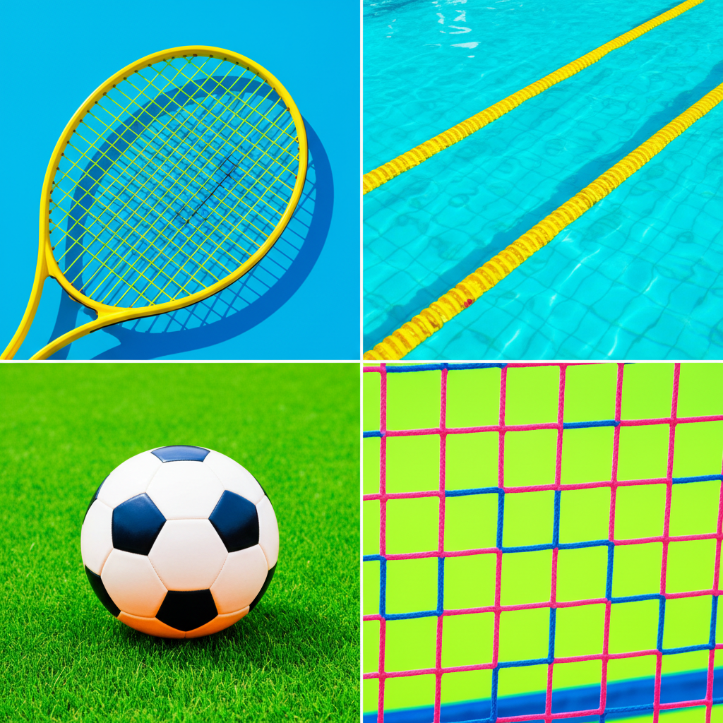Collage of objects: a tennis racket, a swimming pool lane, a soccer ball, a sports net. No text. Bright colors.