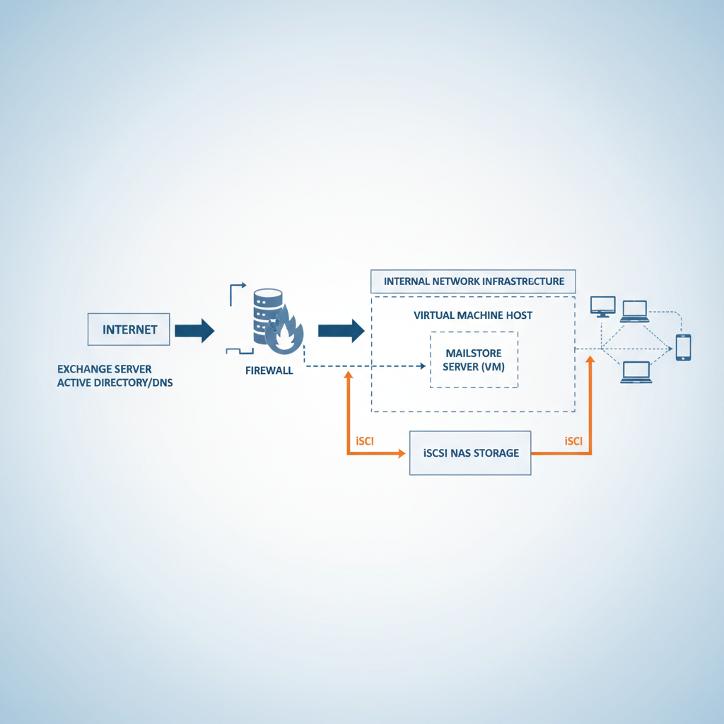 Technical network architecture diagram showing Exchange Server, Firewall, MailStore Server on Virtual Machine, and iSCSI NAS Storage integration, professional schematic style