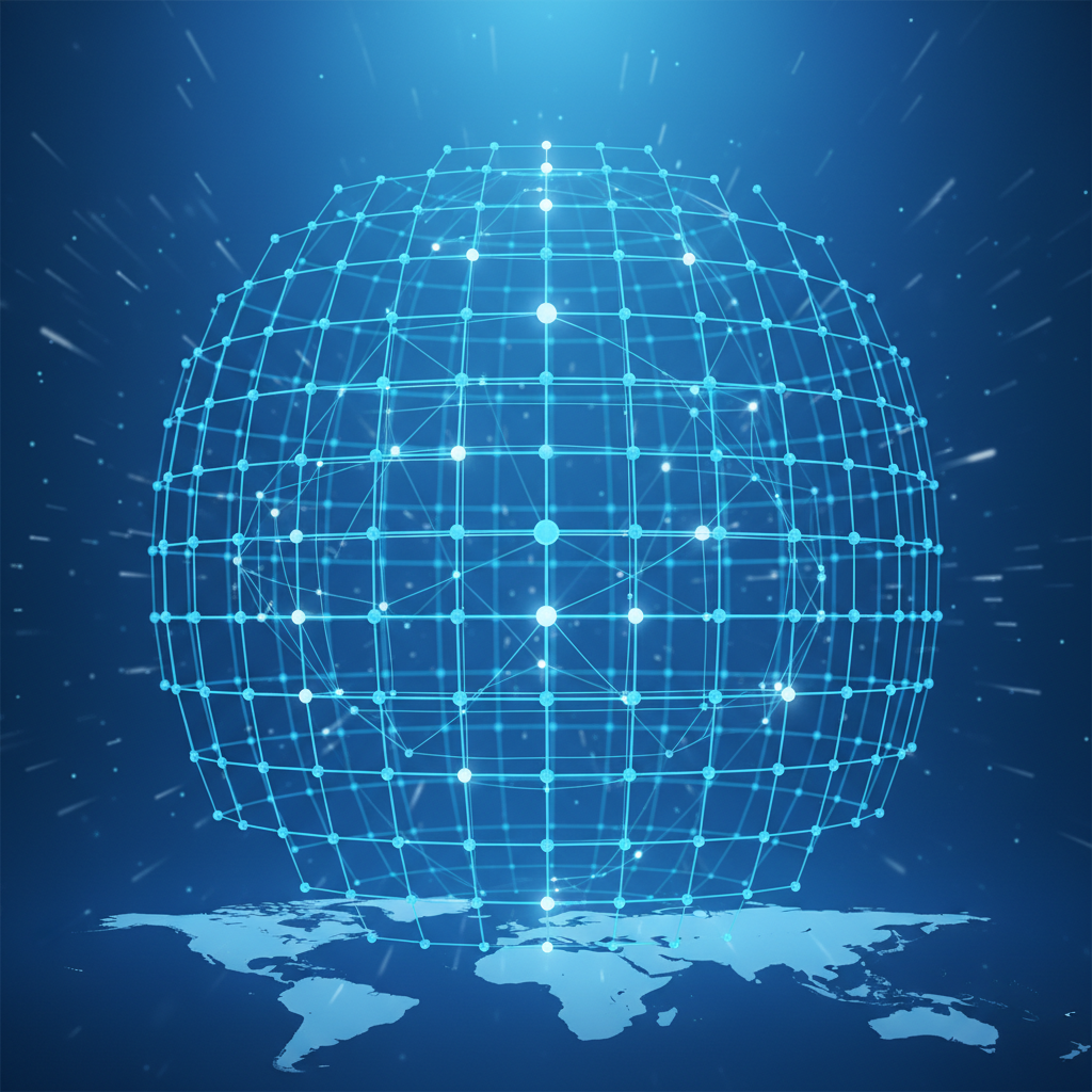 abstract digital network connection, global nodes connecting in a structured grid, blue and white corporate style, 3d render, high tech